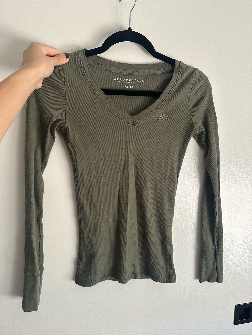 Aeropostale Olive Green V-Neck Long Sleeve Top